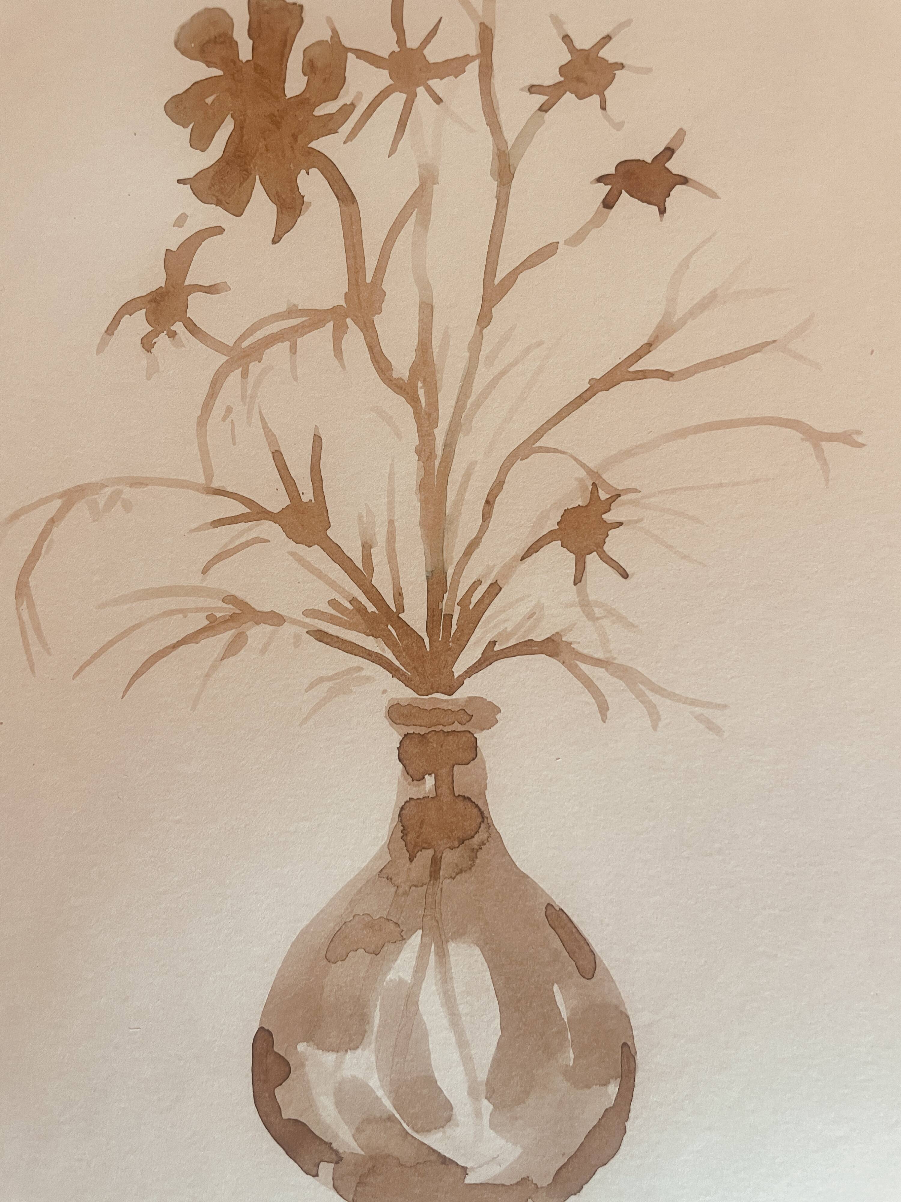 Signed still life monochrome sepia painting "dried flowers"