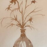 Signed still life monochrome sepia painting "dried flowers"