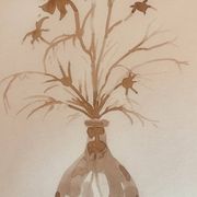 Tableau, nature morte monochrome sépia « fleurs séchées », signé