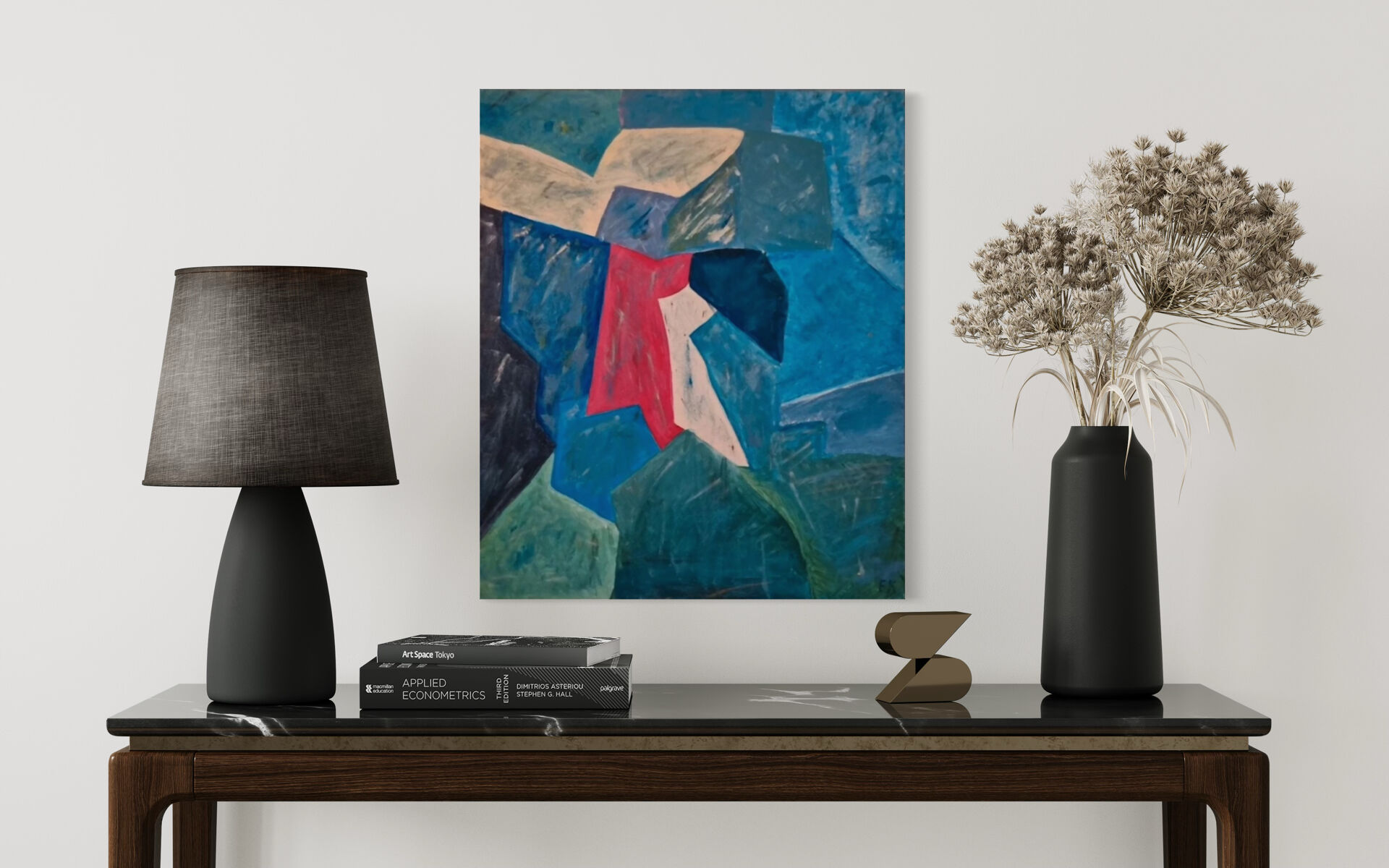 Abstract table blue green red 60x50 cm painting signed