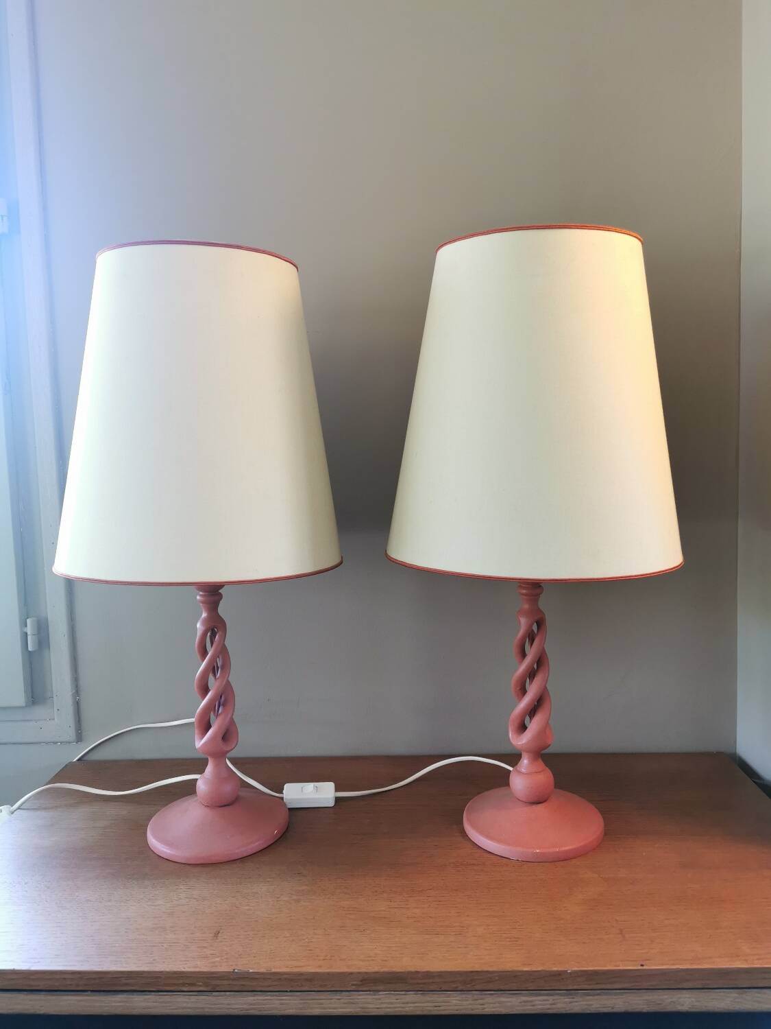 Pair of vintage twisted wood lamps