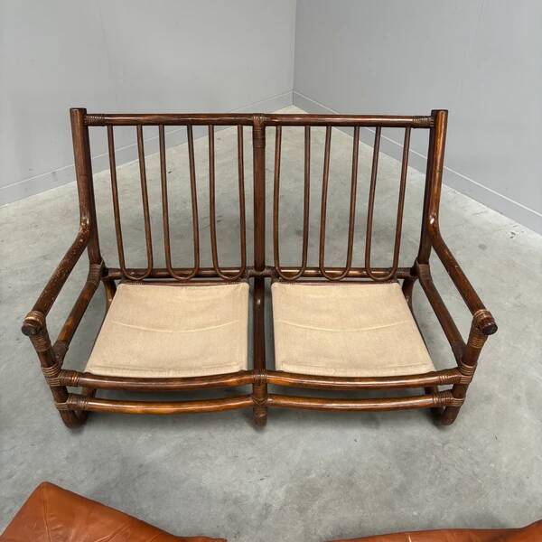 Canapé vintage en bambou et cuir, années 1970