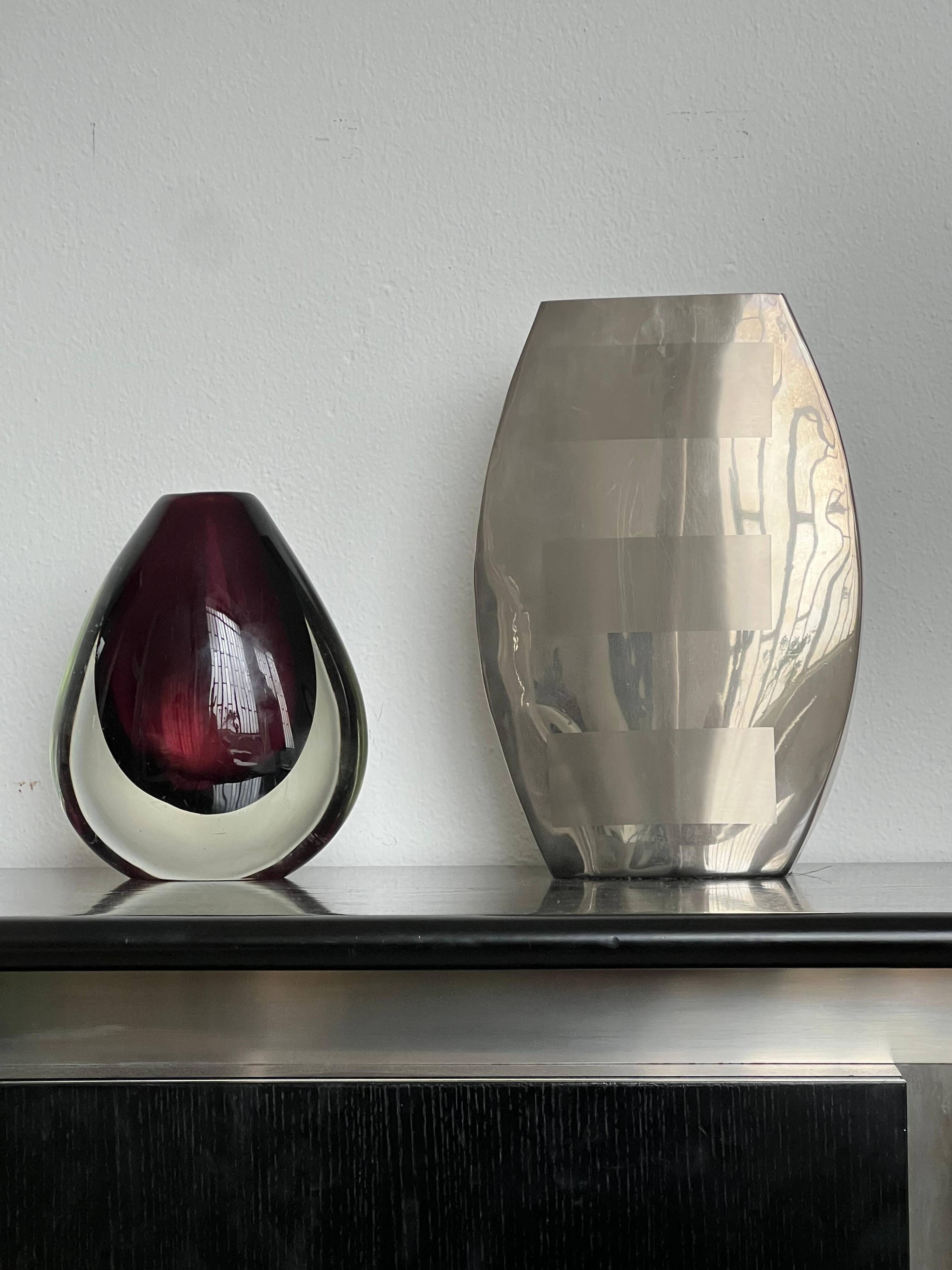 Decorative stainless steel vase with geometrical shapes imprinted, 1970's