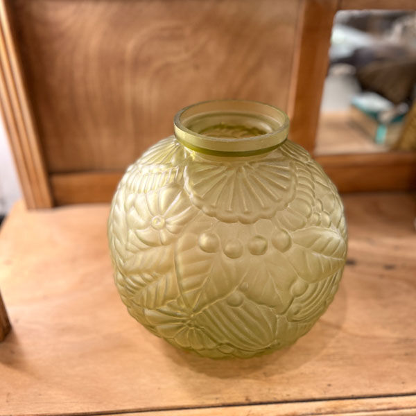 Large Art Deco ball vase in frosted glass ocher yellow