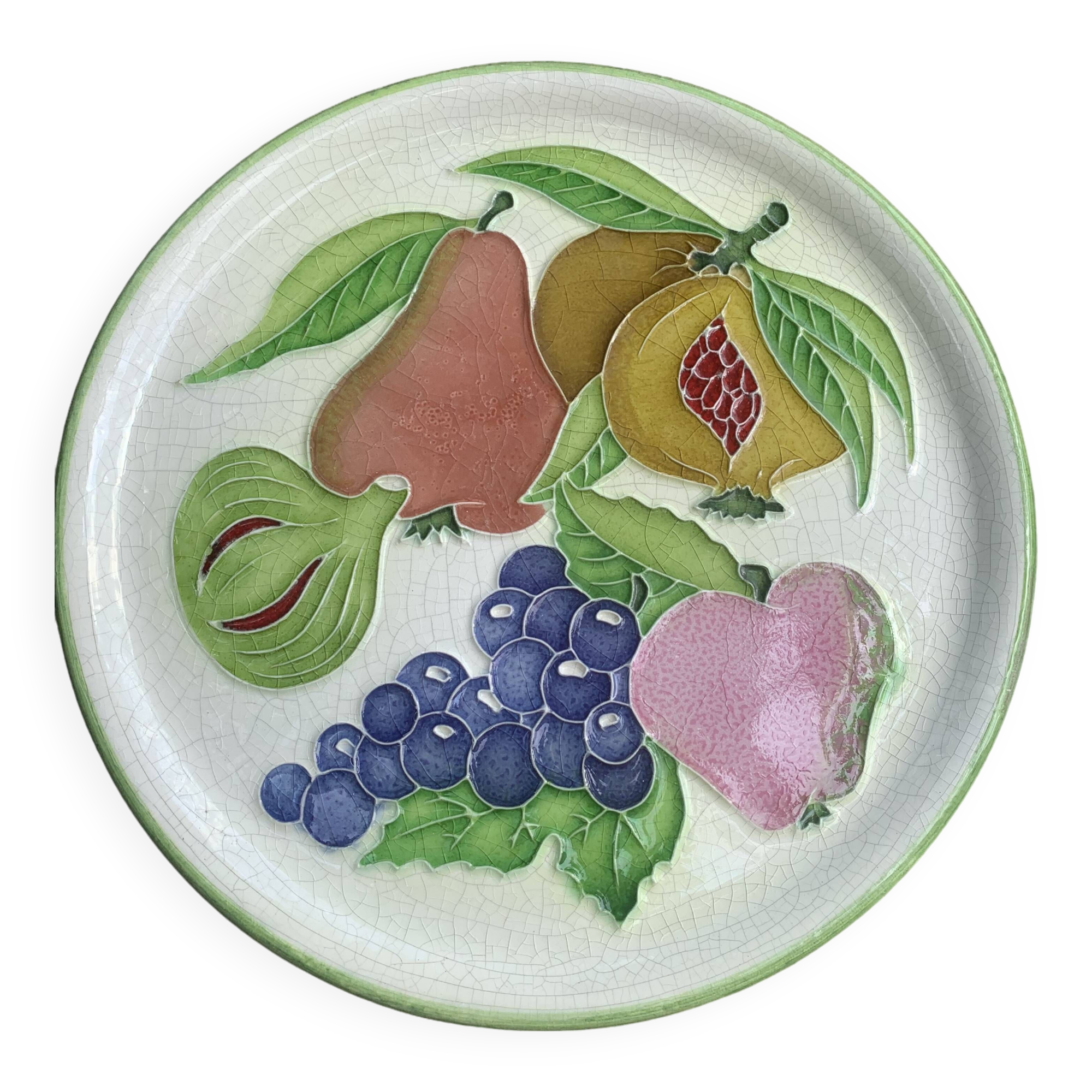 Decorative plate to hang, fruit model, in enamelled ceramic, Les Fruits, signed Luciano