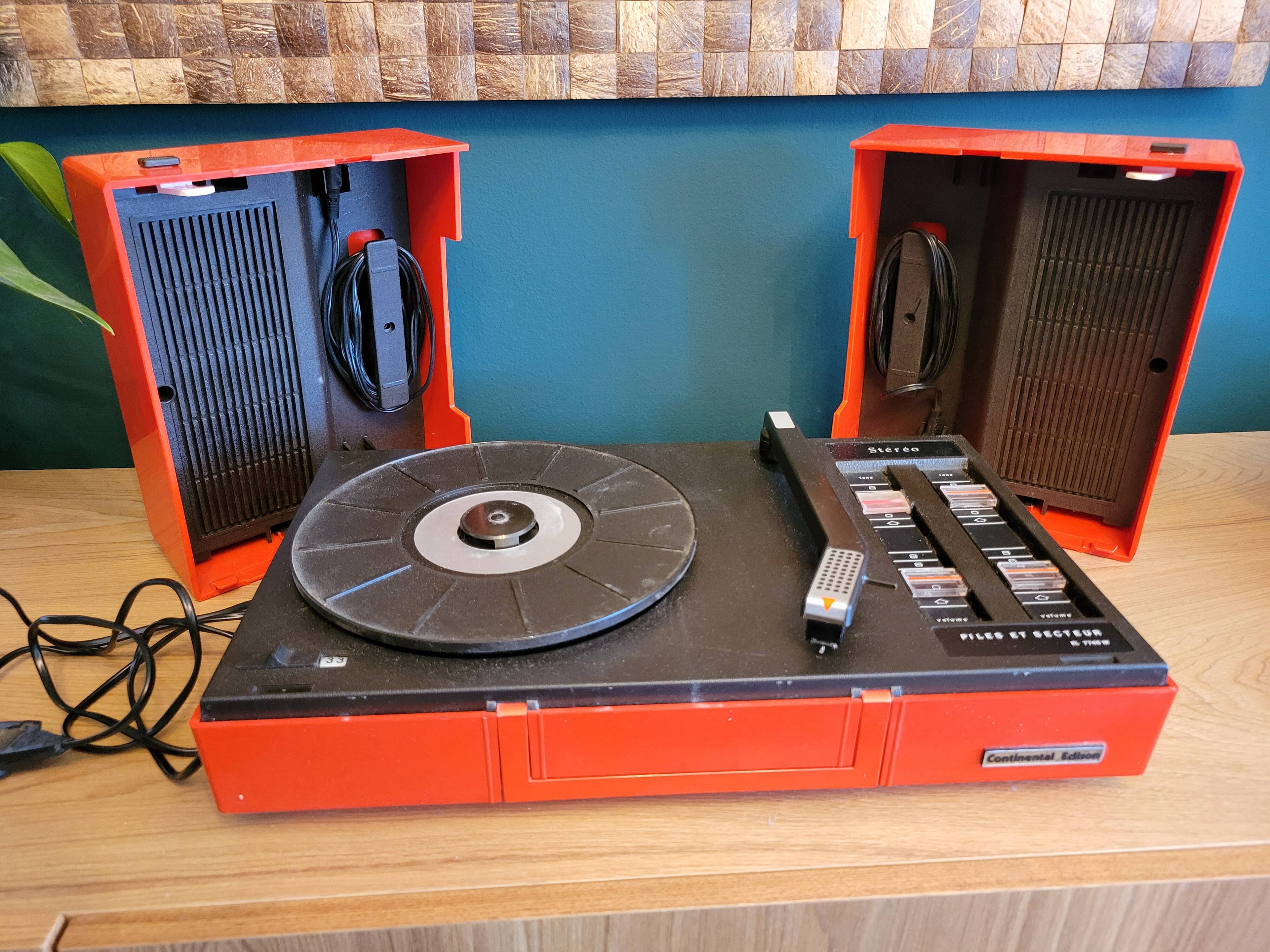 Vintage stereo electrophone record player Continental Edison red orange