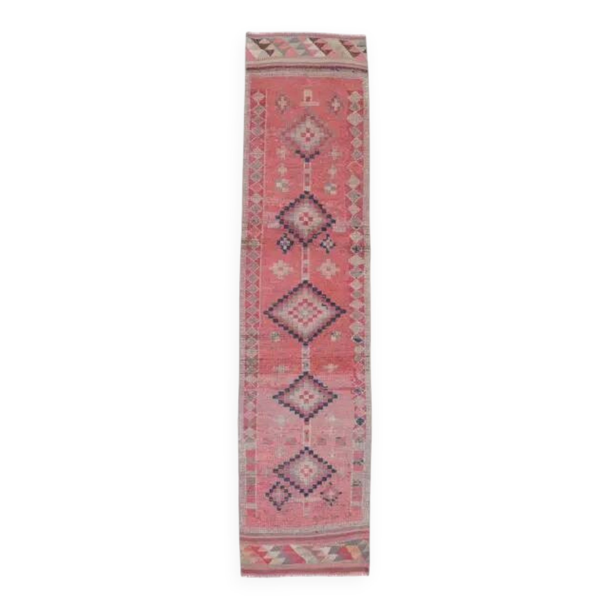 1970s Vintage Turkish Handmade Wool & Cotton Pink Runner Rug 75x318