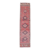 1970s Vintage Turkish Handmade Wool & Cotton Pink Runner Rug 75x318