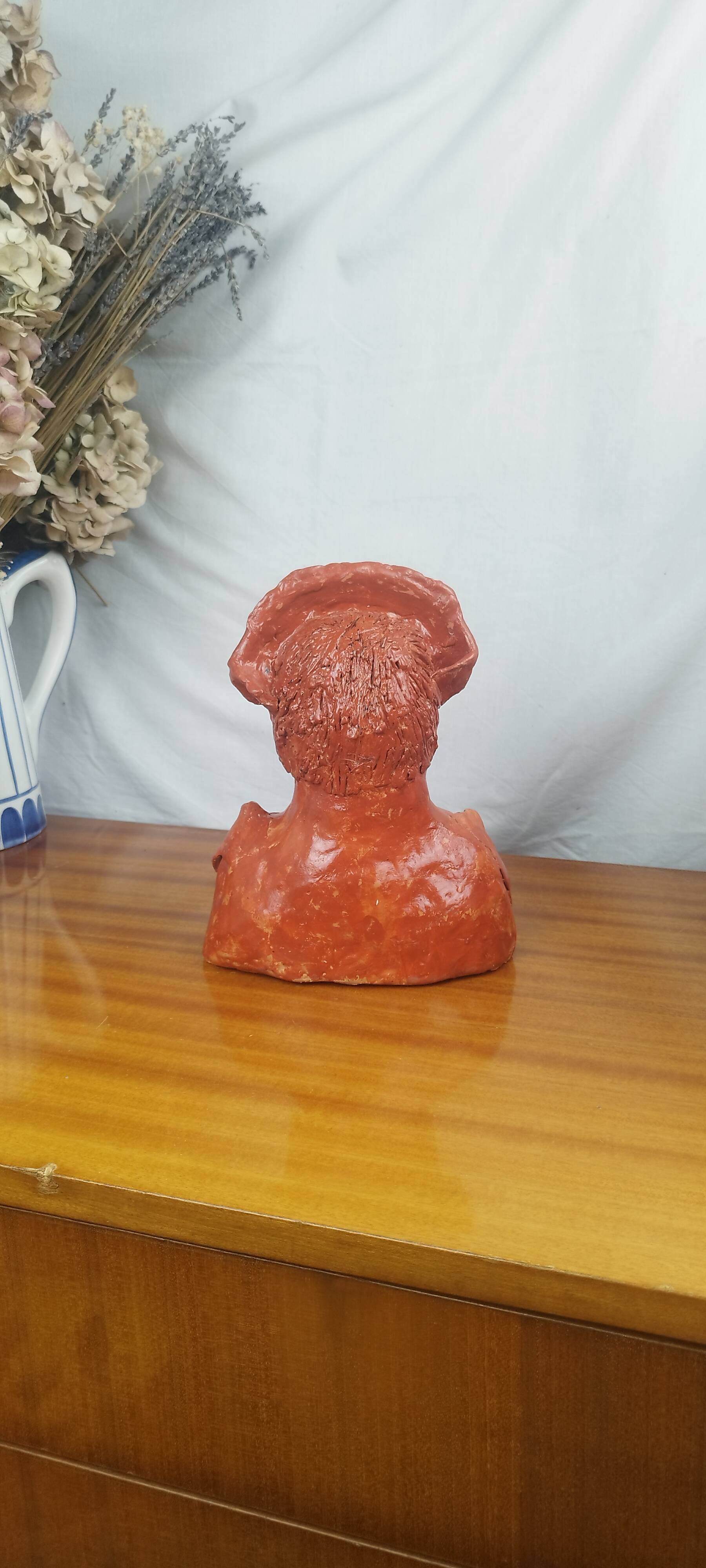 African Woman Bust In Clay, Vintage Modern Figurative Art