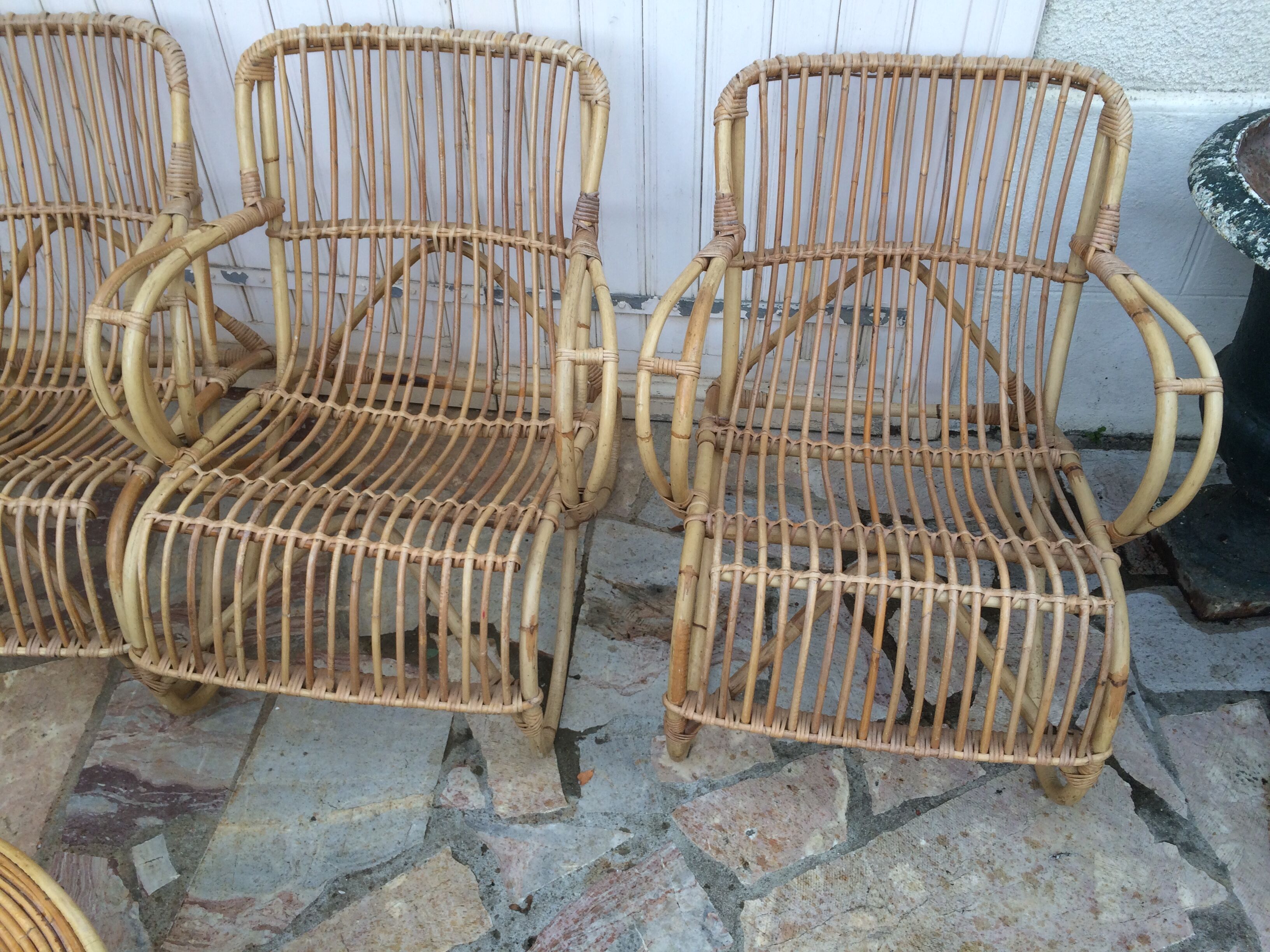 Lounge or garden table and 4 vintage wicker and rattan chairs 60s