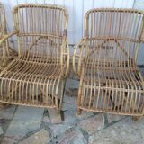 Lounge or garden table and 4 vintage wicker and rattan chairs 60s