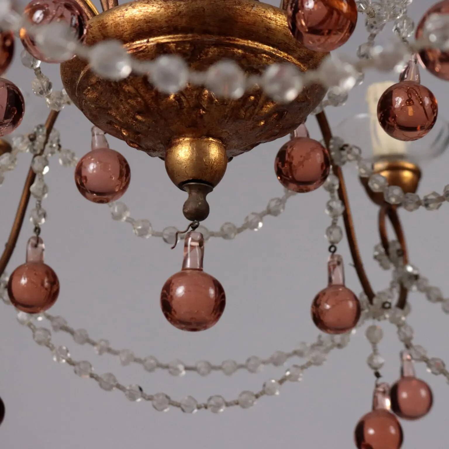 Lustre ancien 6 lumières en métal et verre, Italie, XXe siècle