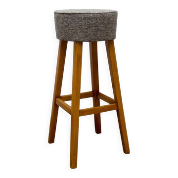 Beech Wood Stool with Upholstered Seat, 1960s