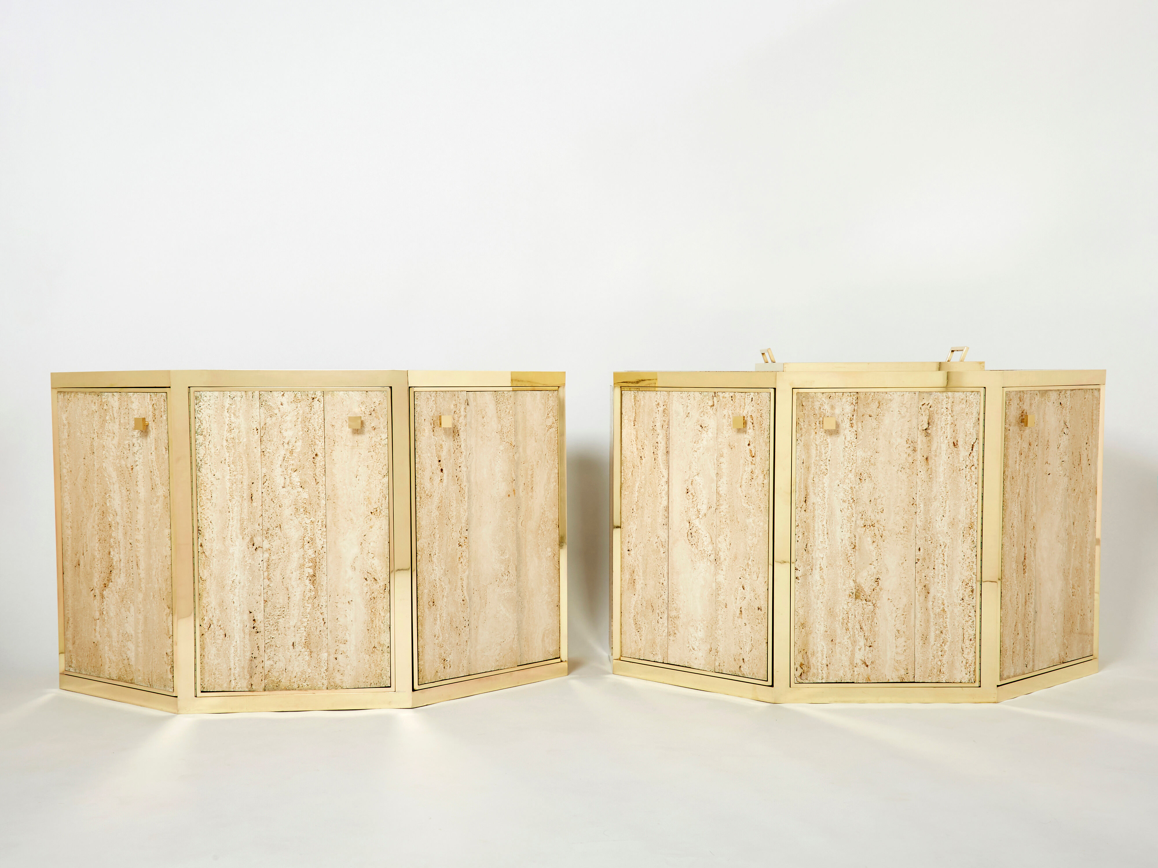 Pair of travertine brass cabinets by Alfredo Freda 1975