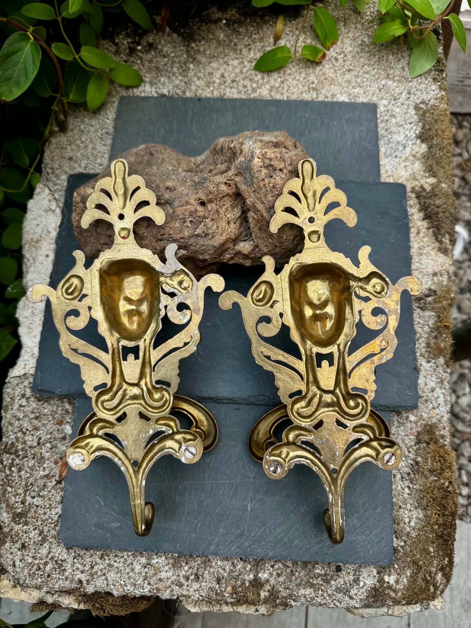 2 solid brass caryatid coat hooks Art Nouveau Jugendstil
