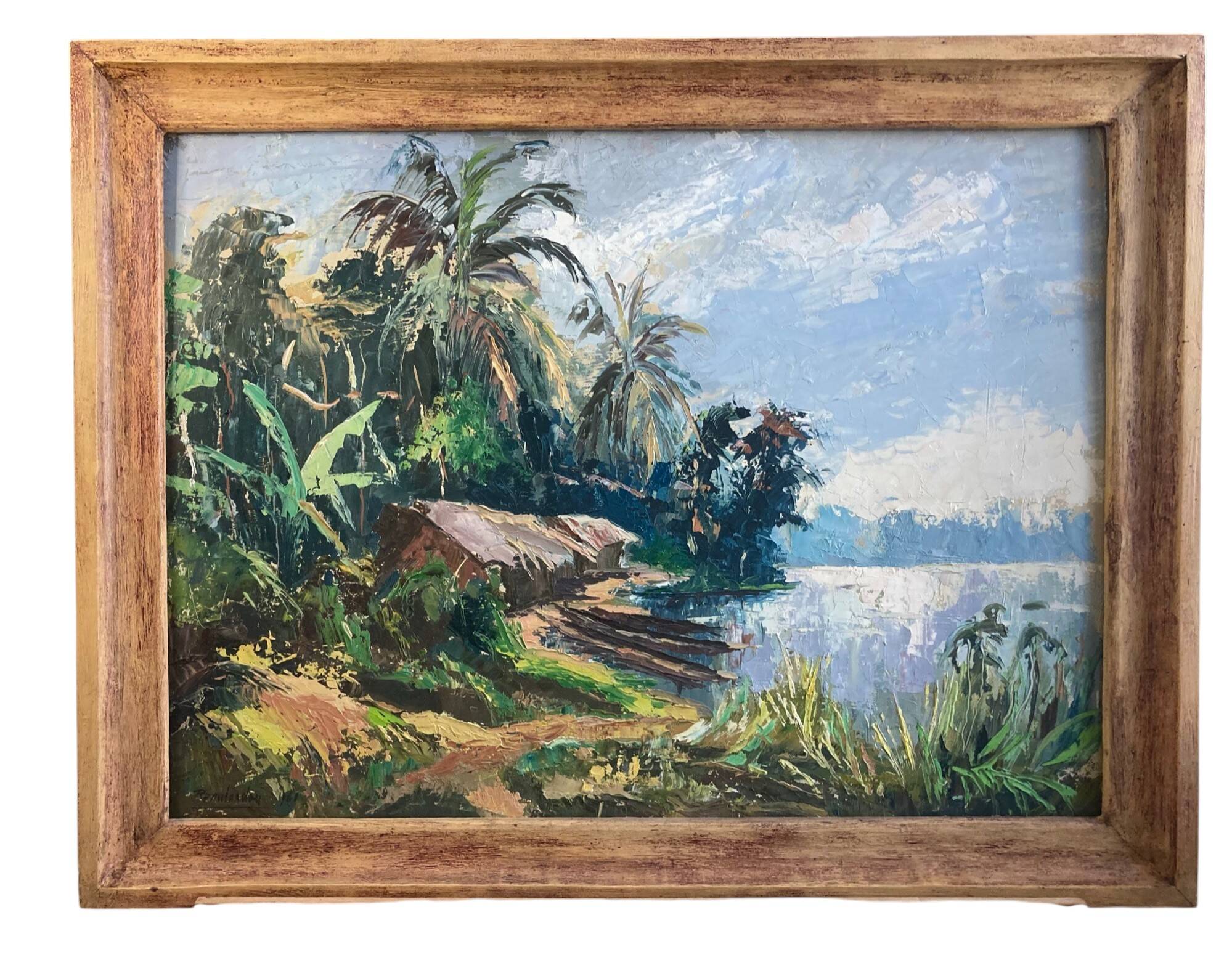 REMILANDOU, HSP landscape fisherman’s cabin Congo signed 20th century