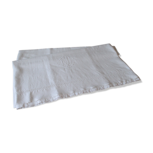 Drap ancien en lin début XXe monogrammé & brodé main