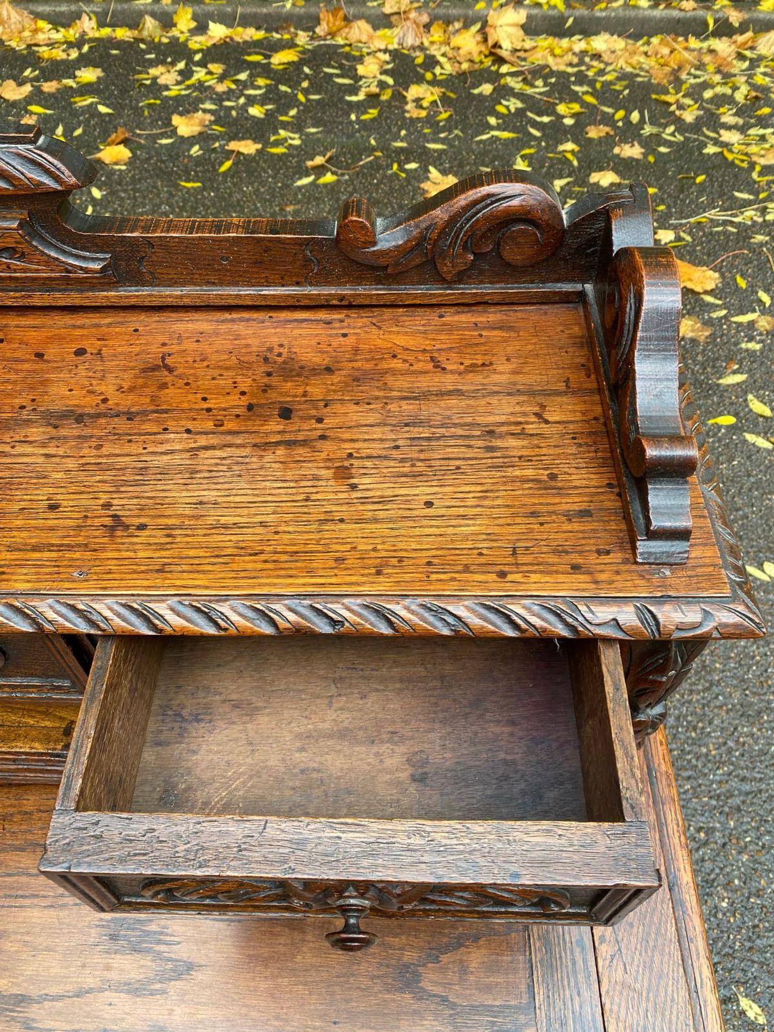 19th-century Renaissance carved oak desk with chair