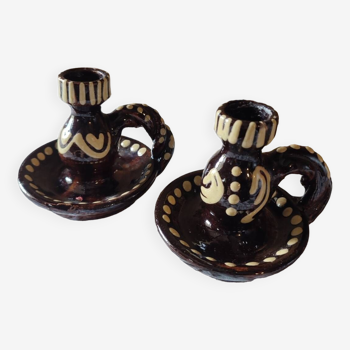 Duo of vintage ceramic candlesticks from Alsace, Obernai