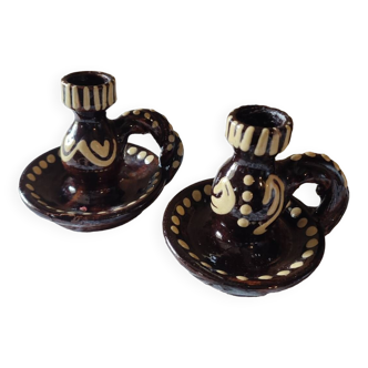 Duo of vintage ceramic candlesticks from Alsace, Obernai