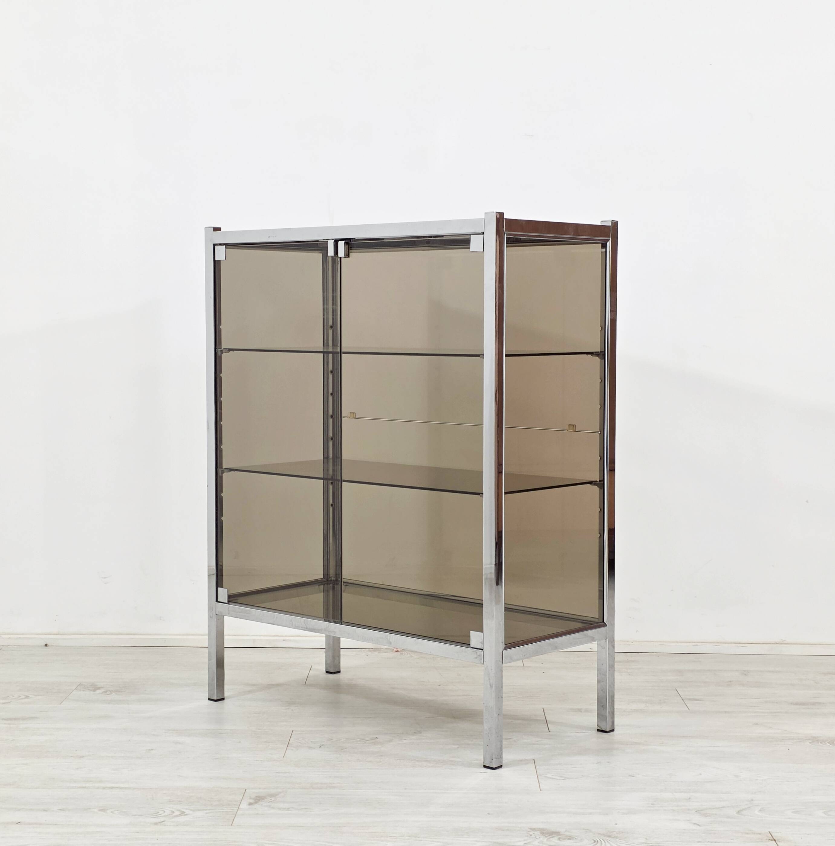 Chrome metal display cabinet with smoked glass – modernist design, 1920s.
