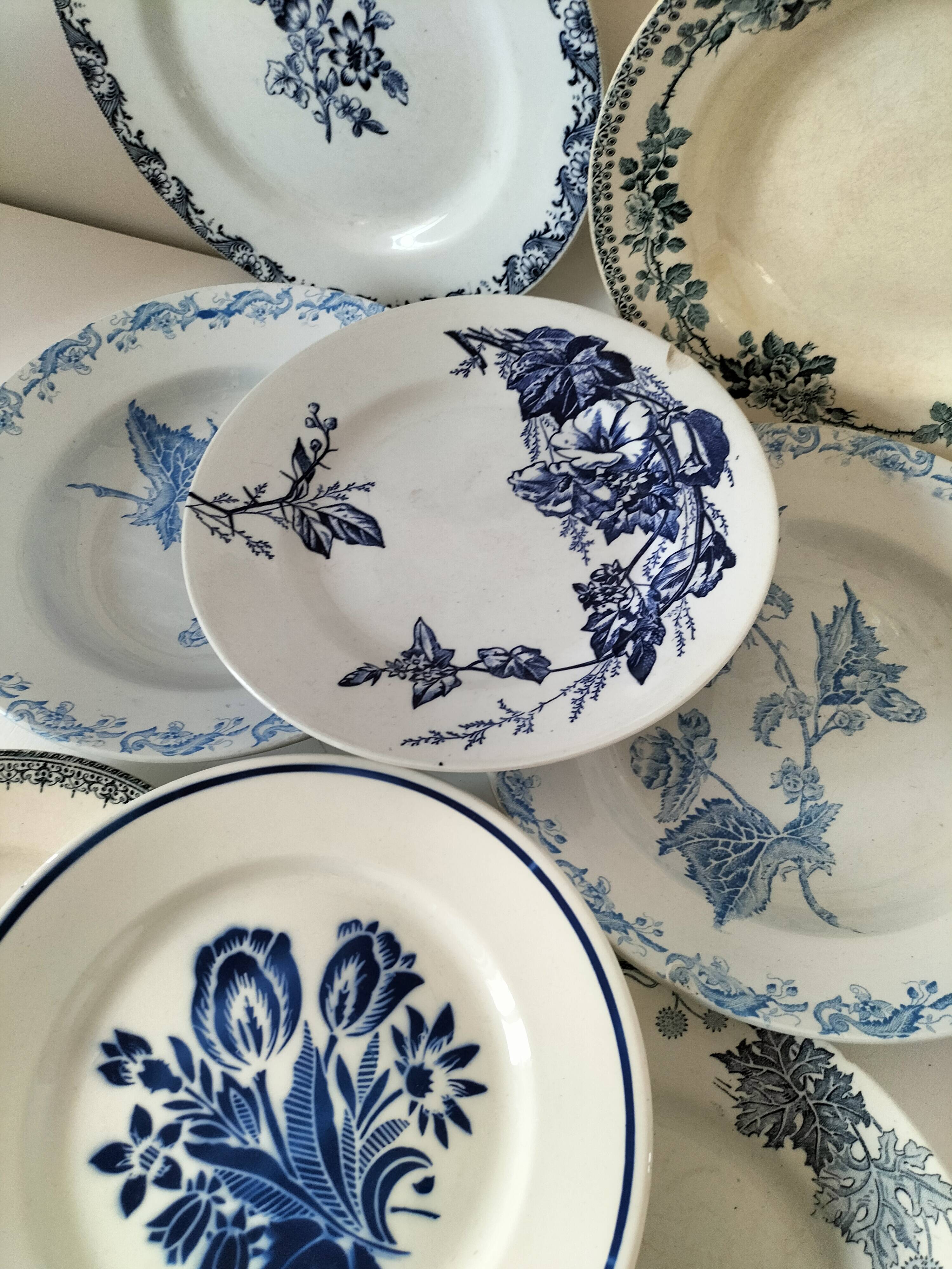 8 ironstone plates from the 19th century in blue camaïeu, mixed manufacturers.