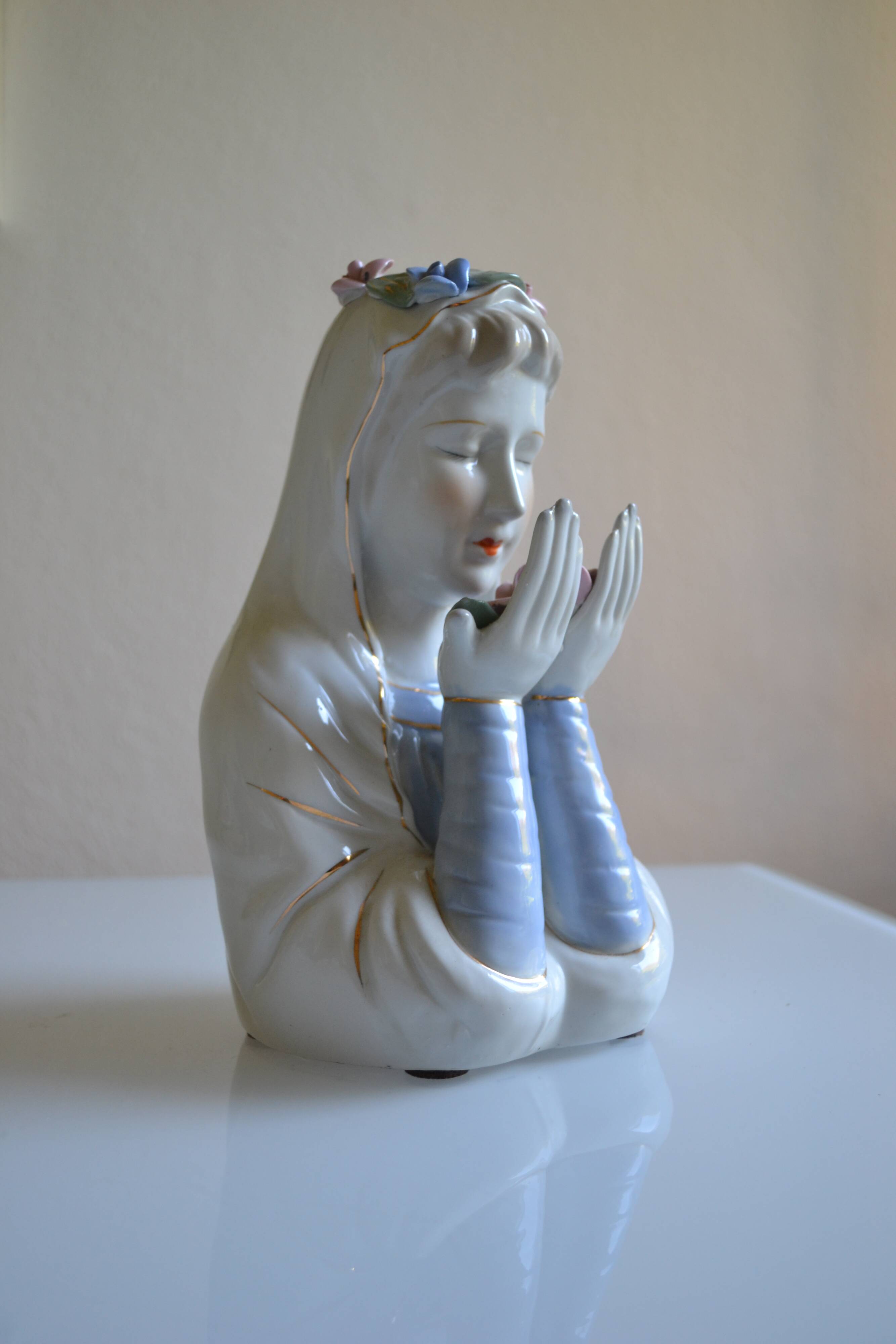 Virgin Mary statue bust in polychrome porcelain Virgin with crown of roses