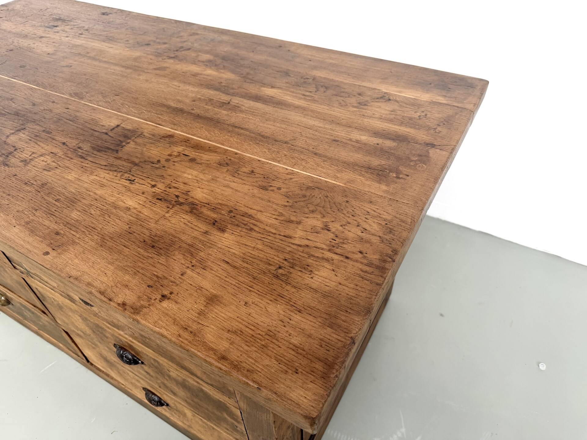 Solid oak trade counter, six drawers, France, circa 1920.
