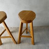 Pair of high bar stools, tripods, in solid wood