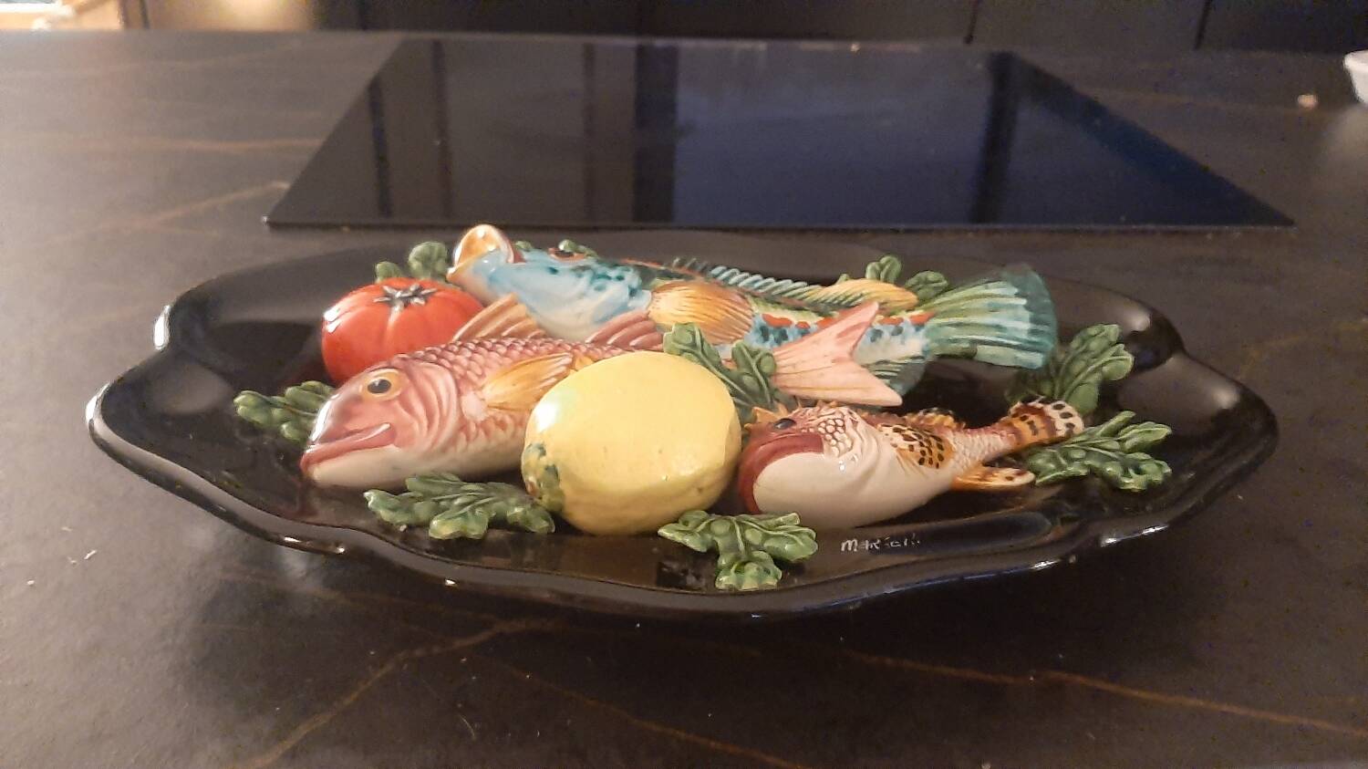 Ceramic dish slip trompe l'oeil fish tomato lemon algae