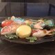Ceramic dish slip trompe l'oeil fish tomato lemon algae