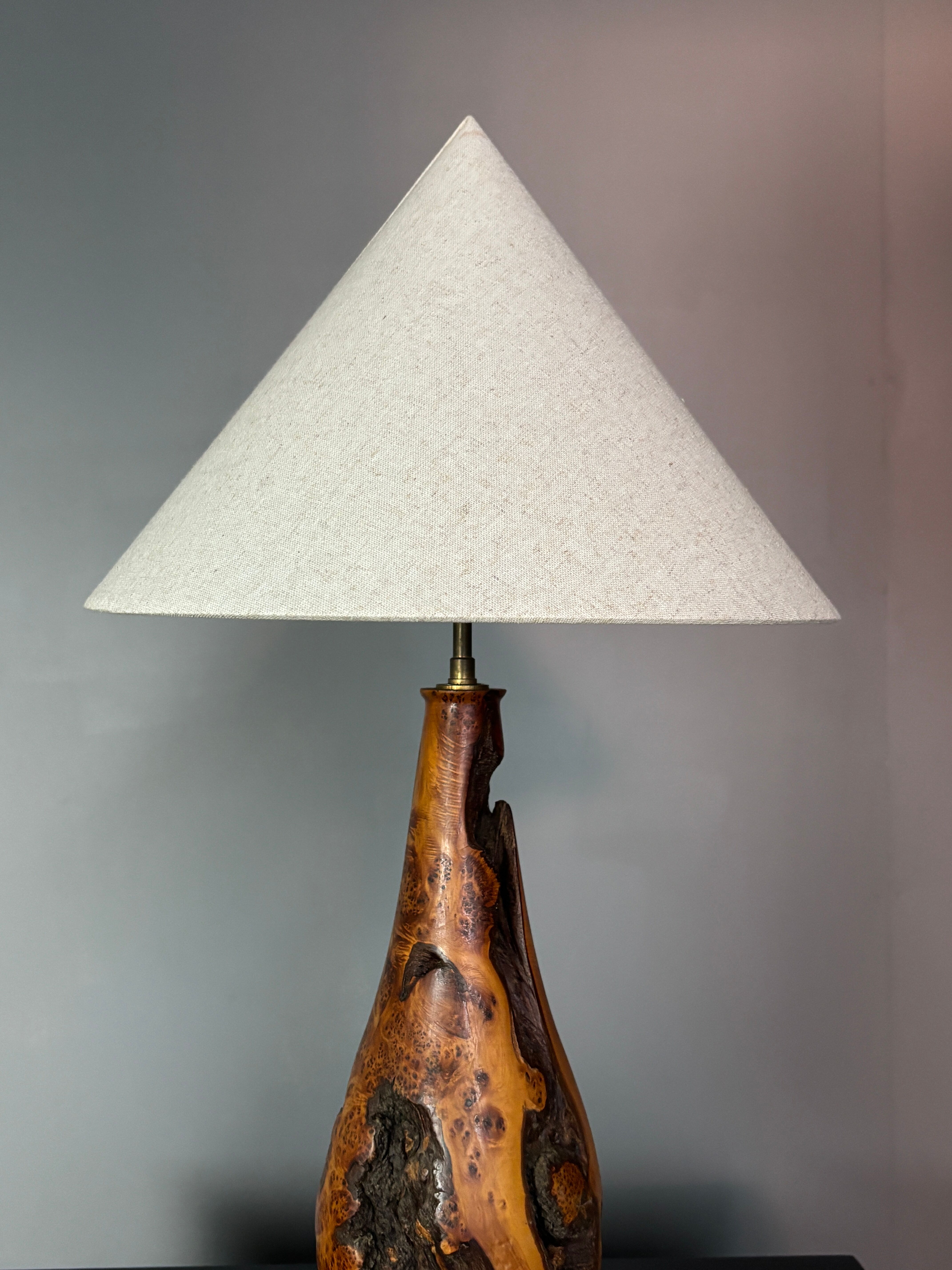 Sculptural artisanal brutalist midcentury burl wood turned table lamp 1960s