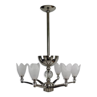 Lustre chromé Art Deco Moderniste à 6 branches, France, circa 1930