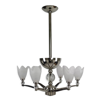 6-spoke Art Deco Modernist chrome chandelier, France, circa 1930