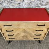 Commode 50's chêne clair pieds compas 4 tiroirs relookée
