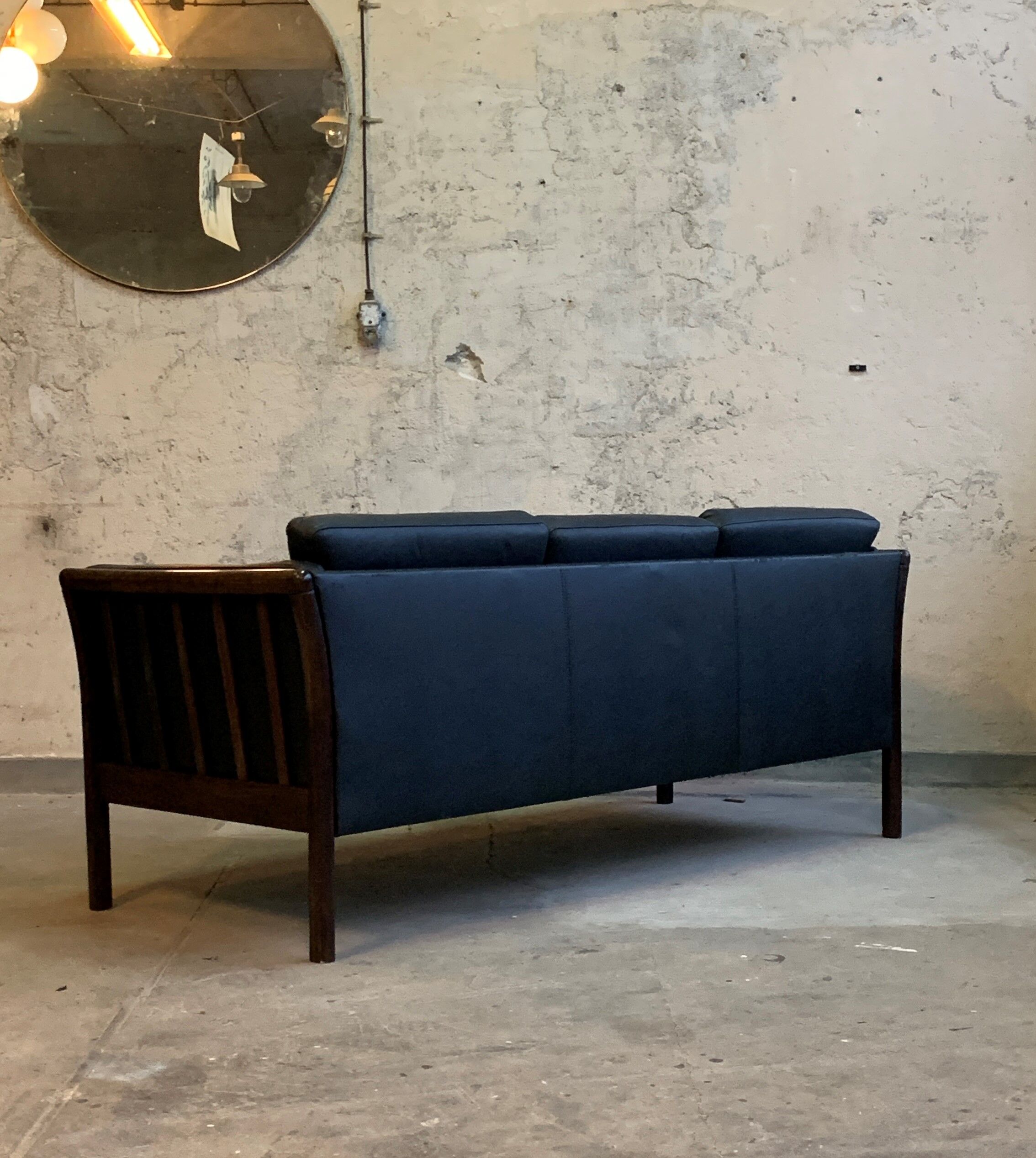 Black 3 seat leather sofa, Denmark 80/90