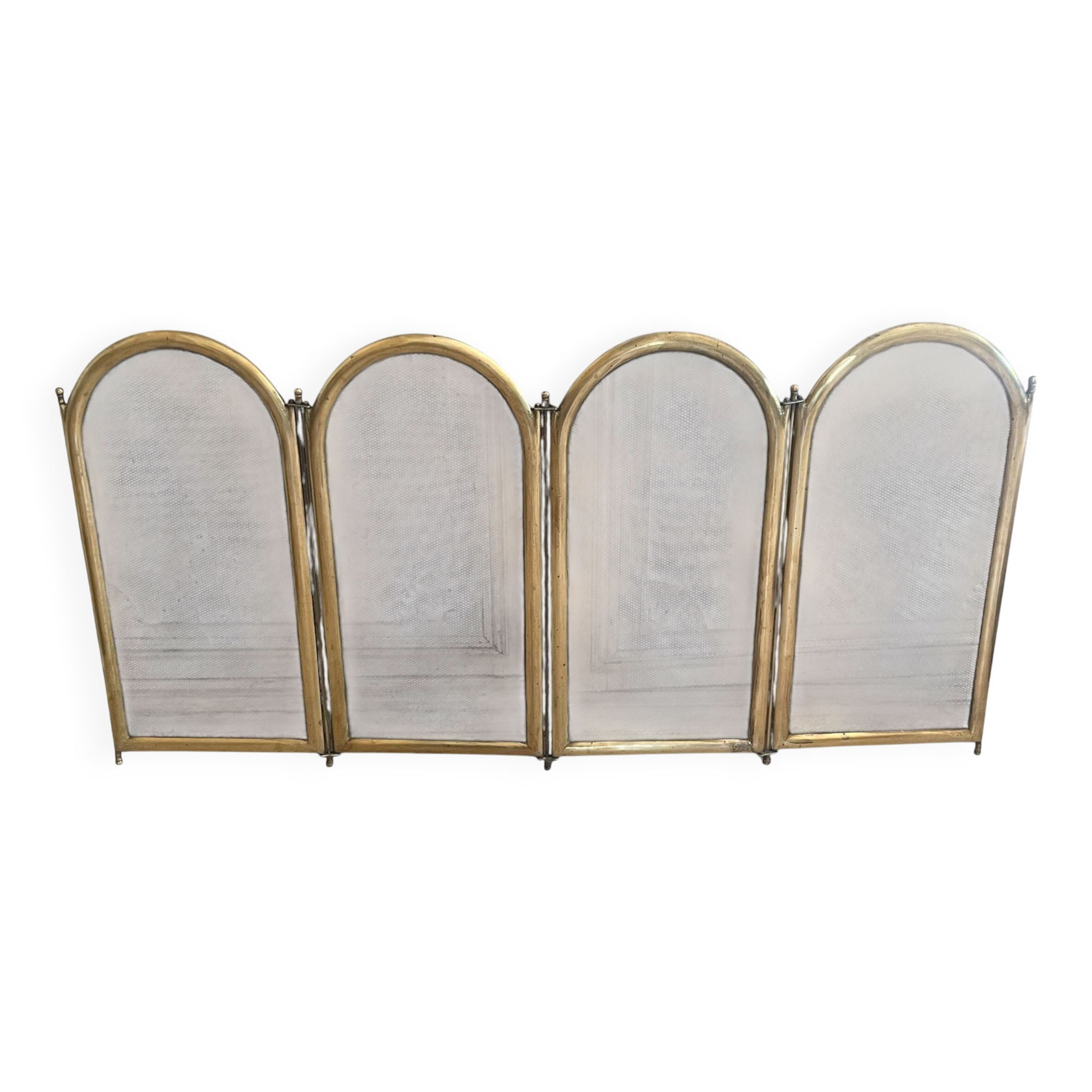 Vintage brass fireplace screen, folding spark guard with 4 panels,