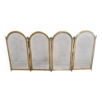 Vintage brass fireplace screen, folding spark guard with 4 panels,