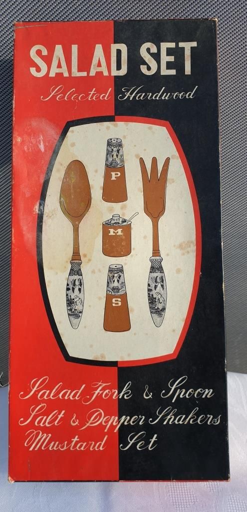Salad set vintage 1970 wood and porcelain Japanese scenes