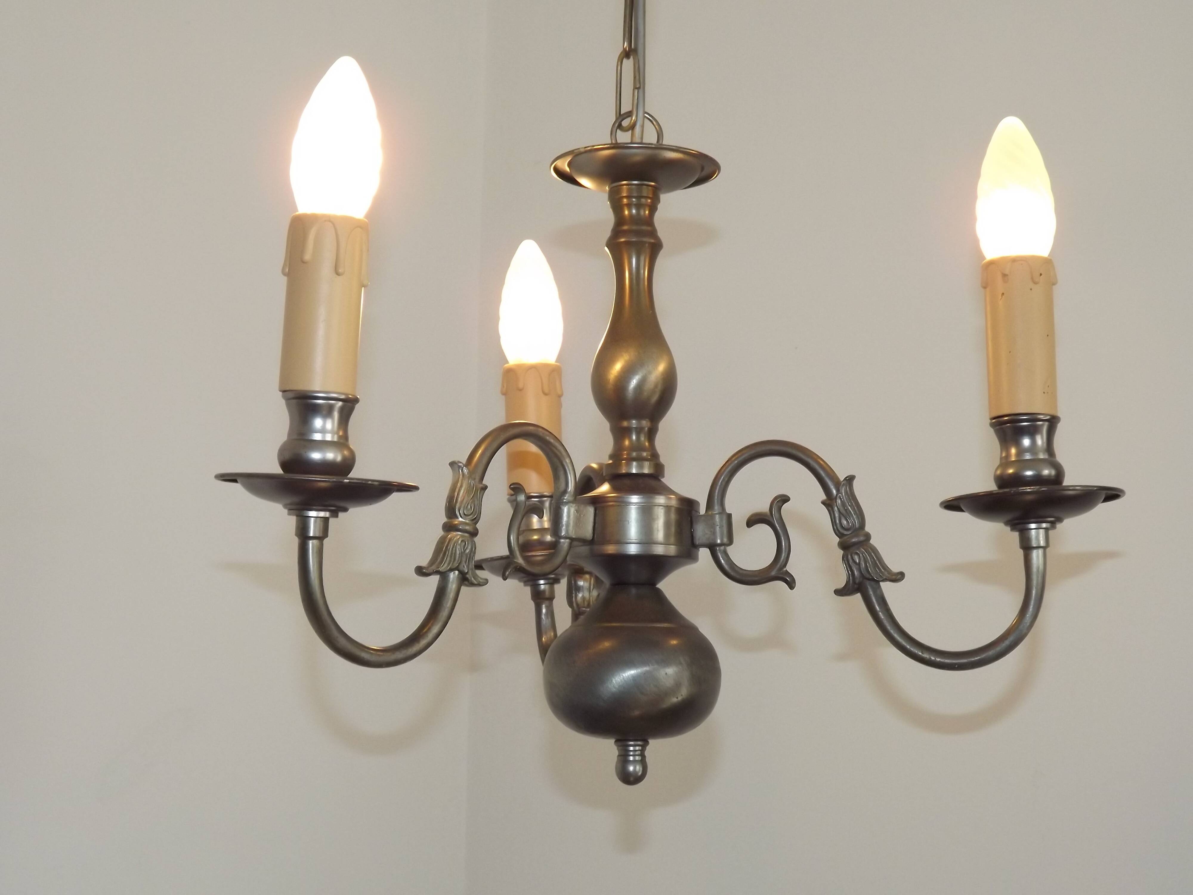 Italian Vintage Silver Brushed Metal 3 Light Flemish Style Chandelier