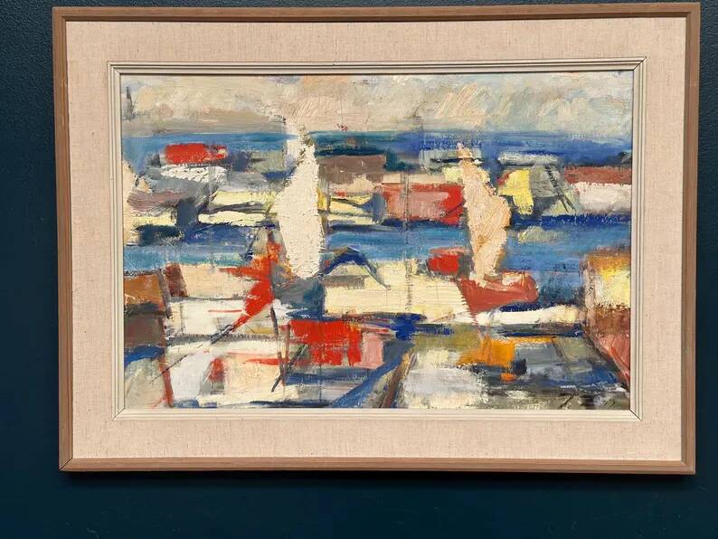 Original Swedish Oil on Canvas - "Abstract Harbour Motif" vintage