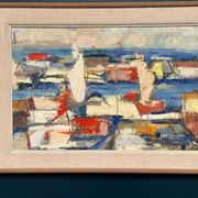 Original Swedish Oil on Canvas - "Abstract Harbour Motif" vintage