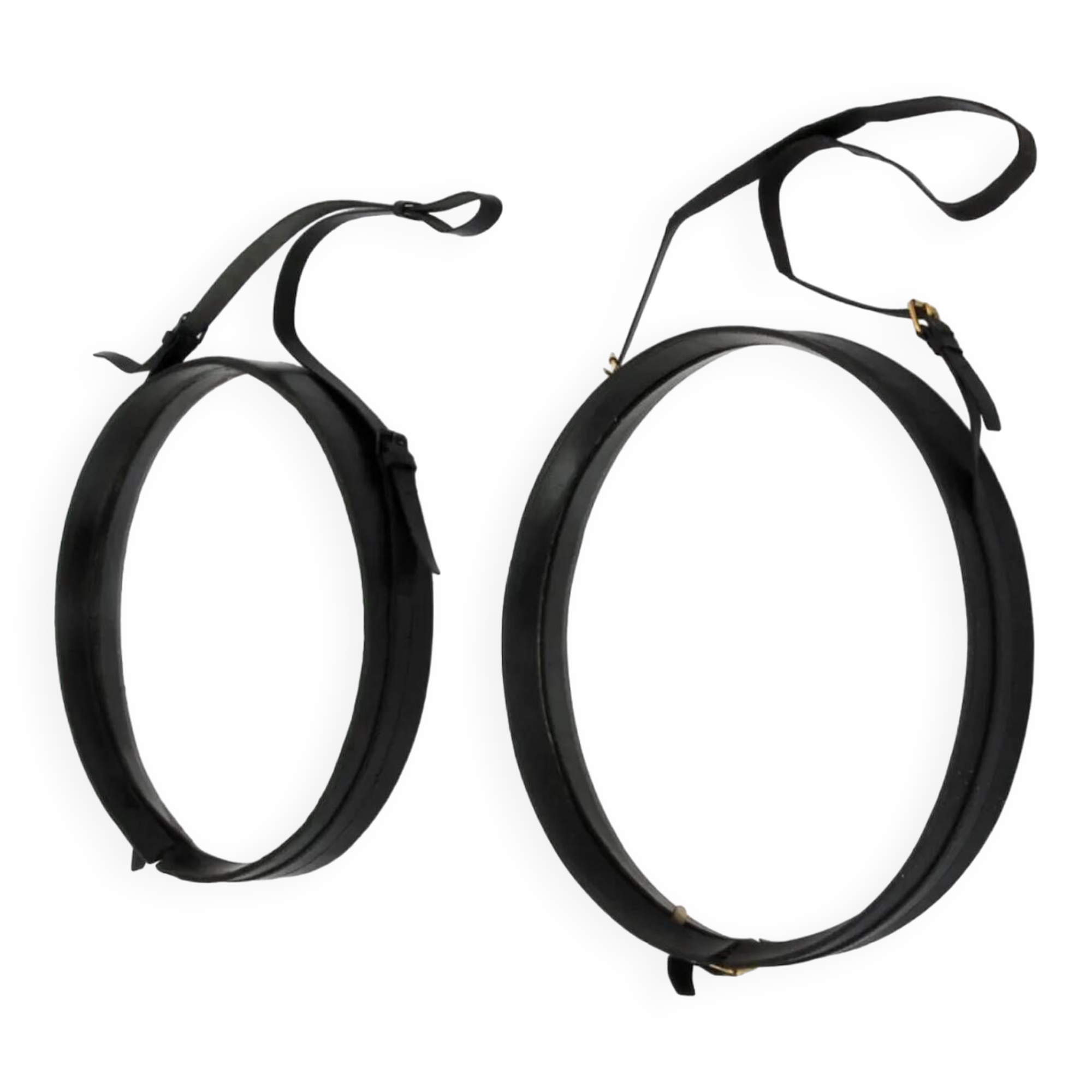 Jacques Adnet pair of circular leather and brass mirrors