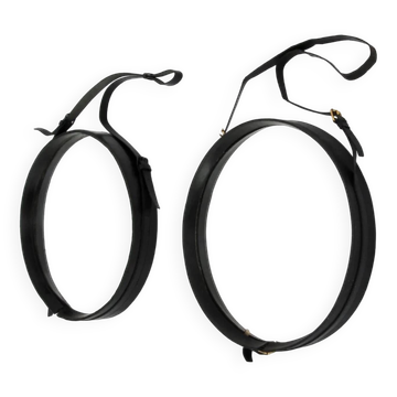 Jacques Adnet paire de miroirs circulaires cuir et laiton