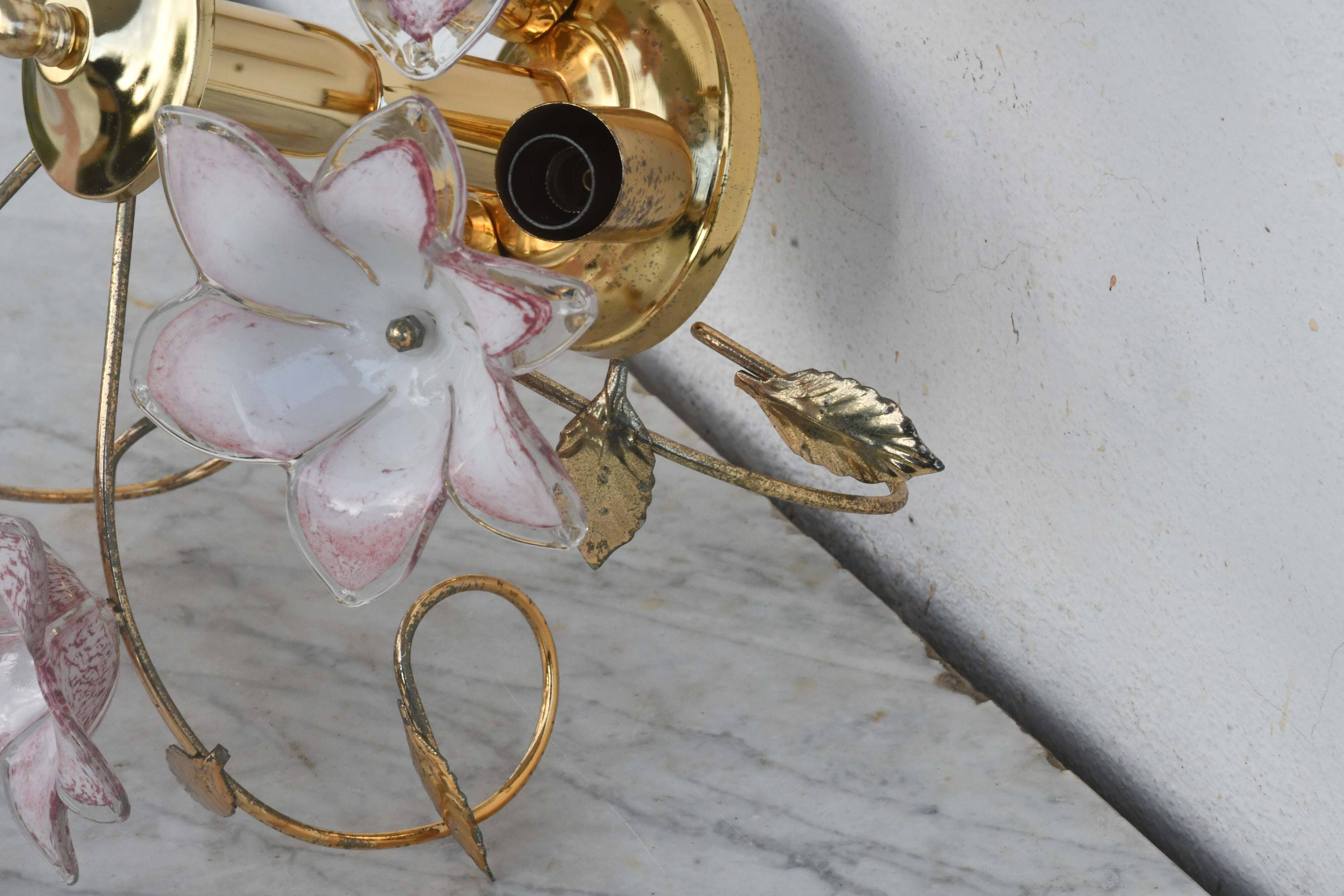 Set of 2 Charming Murano Vintage Ceiling Light Pink Flowers, 1970s