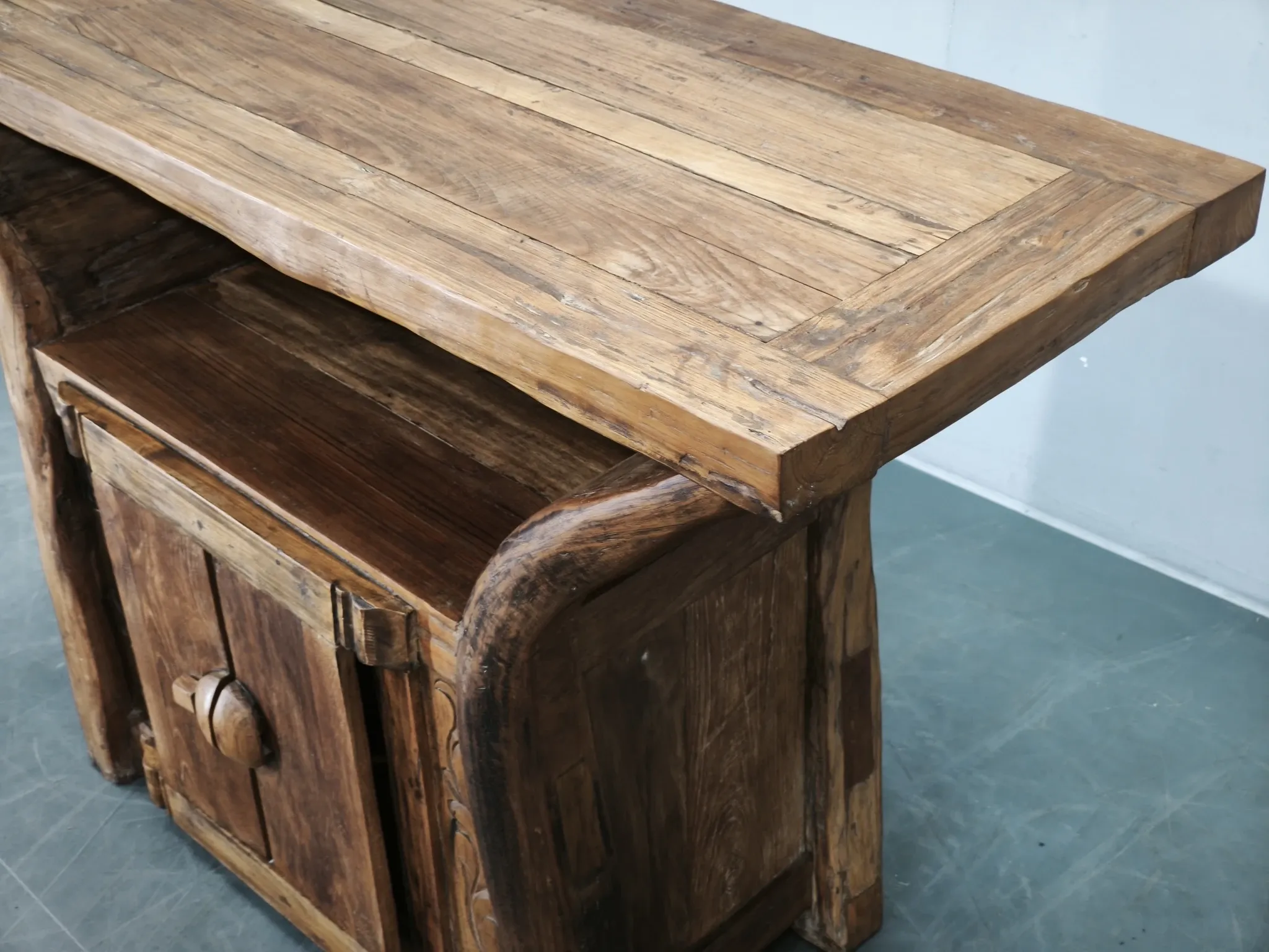 1970s Asian Rustic Solid Wood Console Table, Hand-Carved Primitive Sideboar
