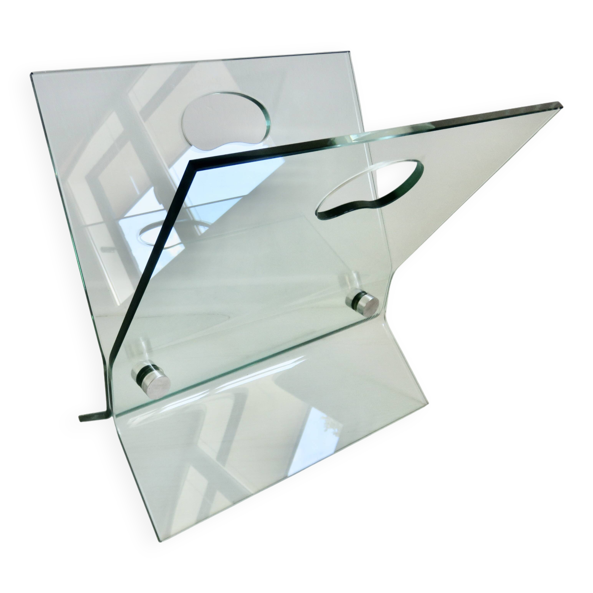 Porte revues, porte magazine design, verre épais et acier, France, 1970