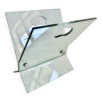 Magazine rack, designer magazine rack, thick glass and steel, France, 1970