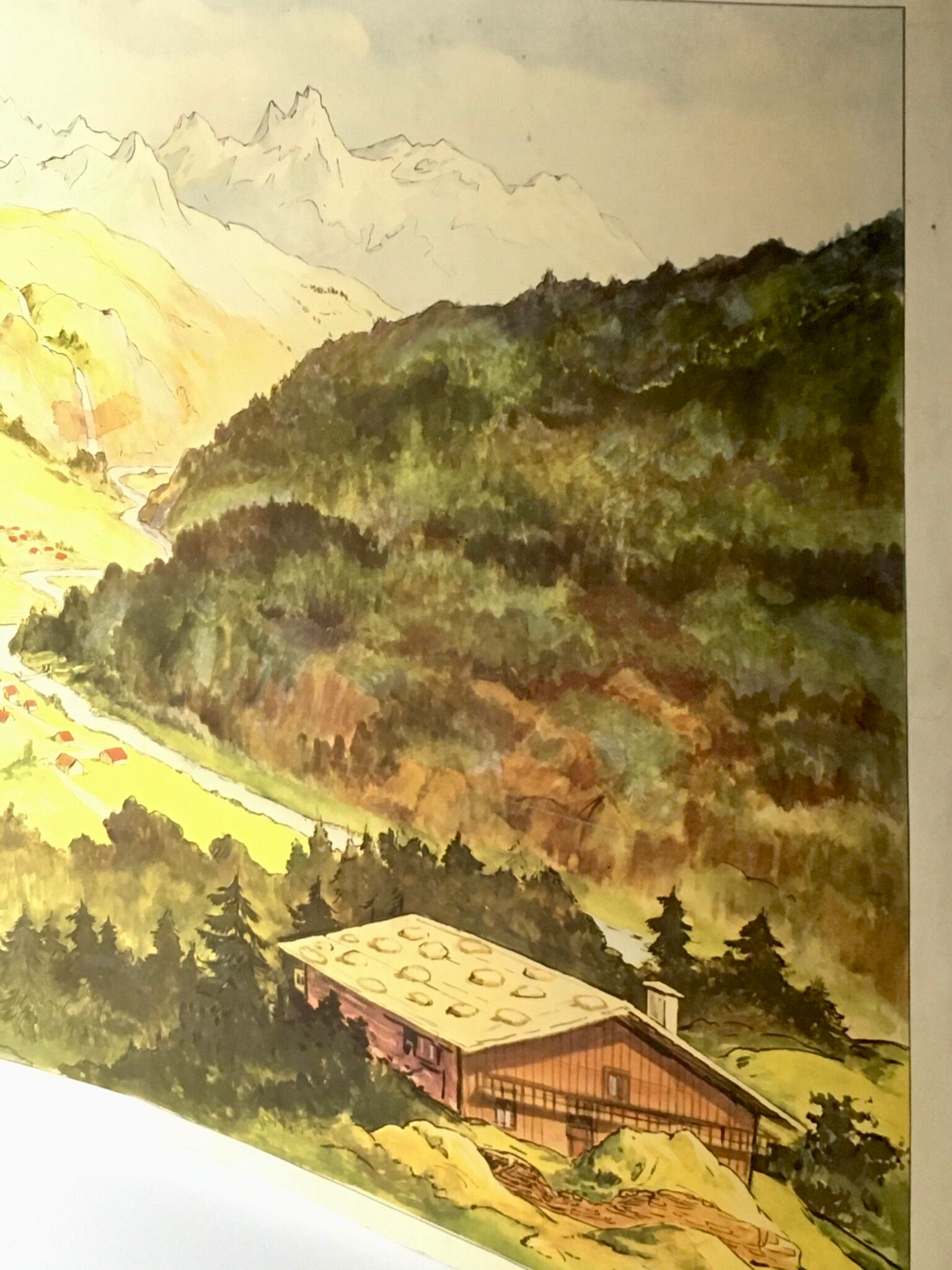 School poster vintage school landscape mountain two-sided signed Raylambert for Rossignol 50s
