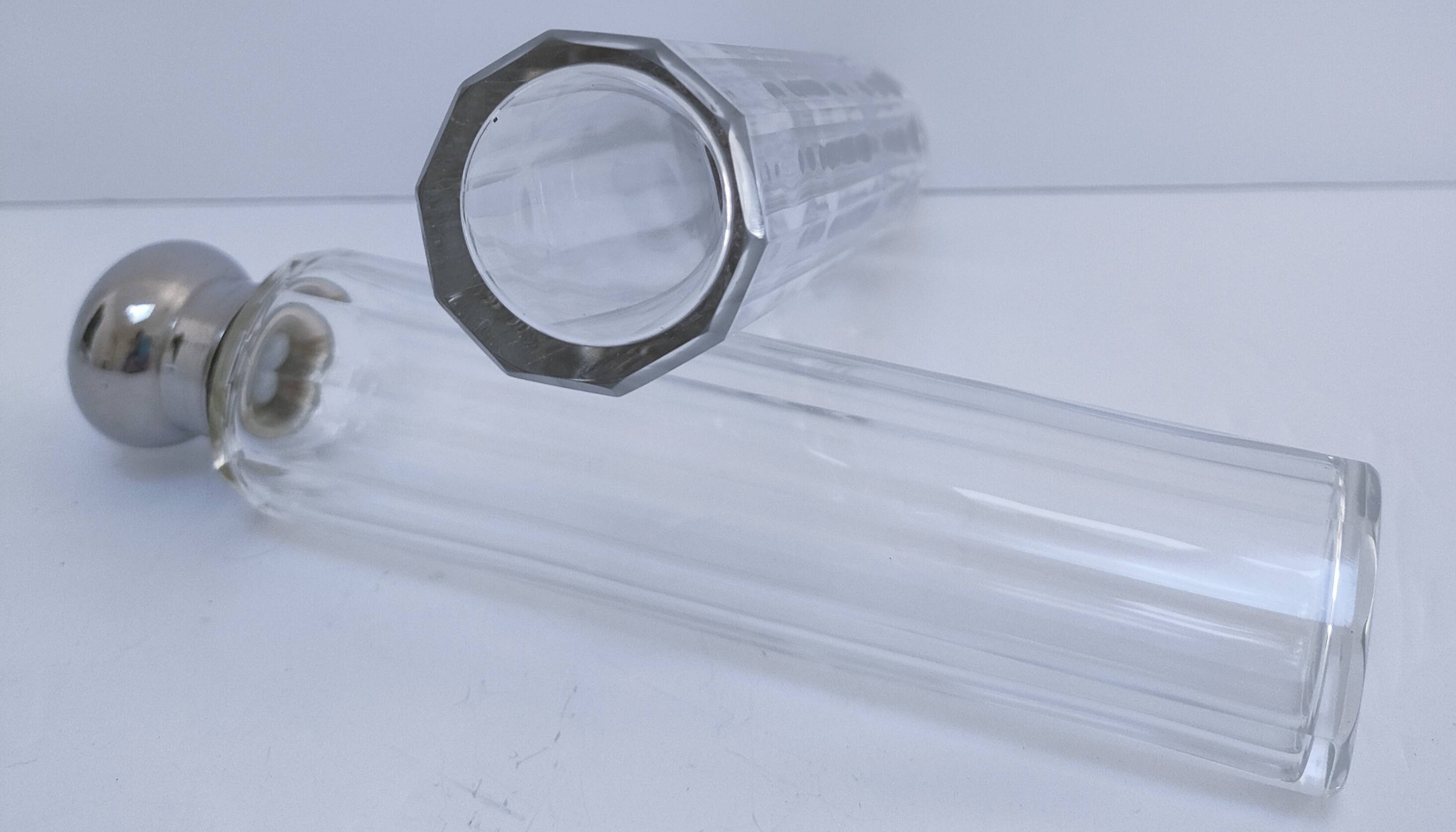 Three Art Deco crystal chrome glass bottles